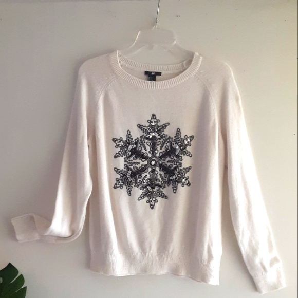 🏝🌺 H&M White Medium Holiday Christmas ❄️ Snowflake Pullover Sweater - Picture 6 of 11